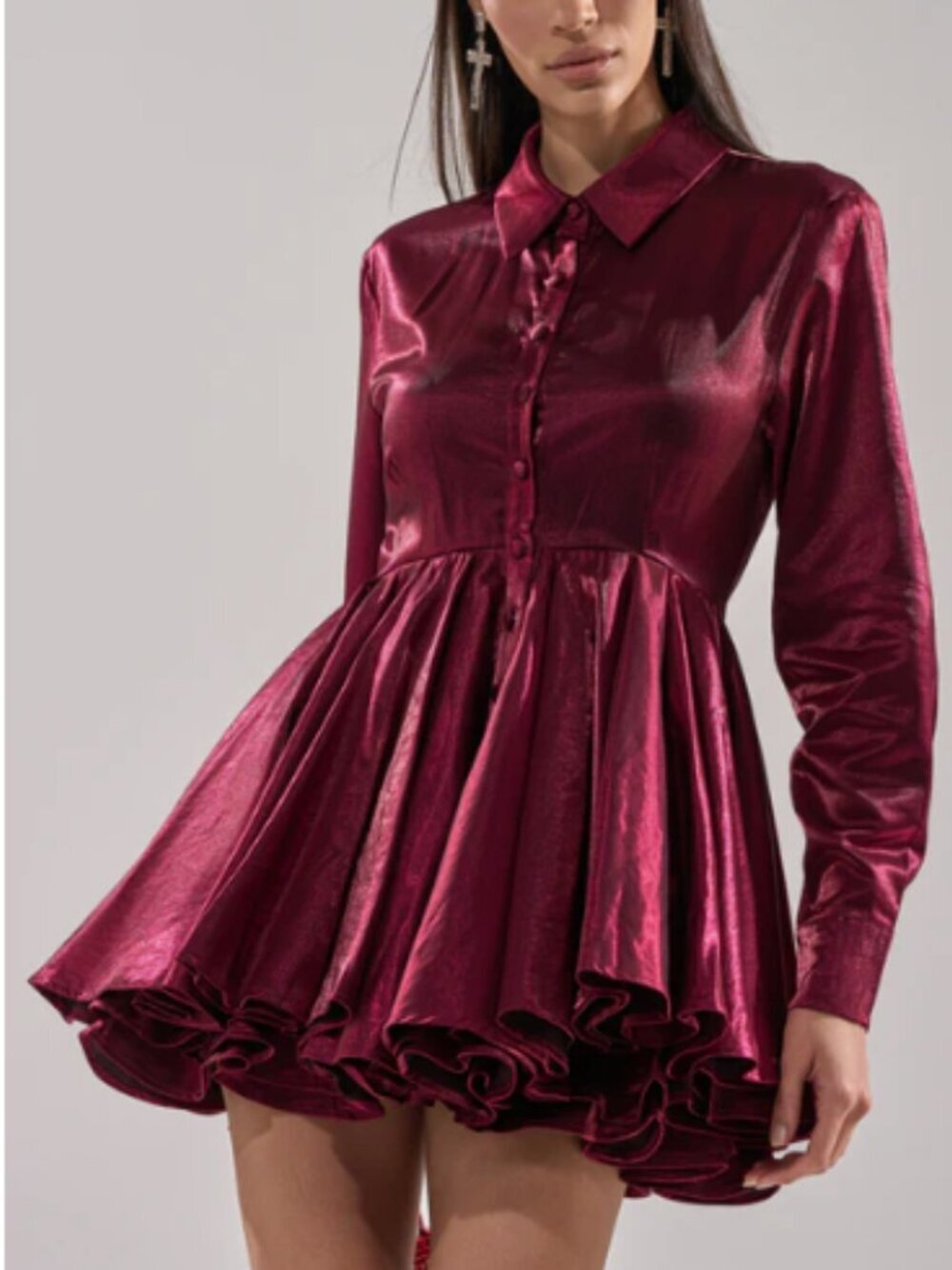 Burgundy Satin Long-Sleeves dress M/ Button Down Mini Dress